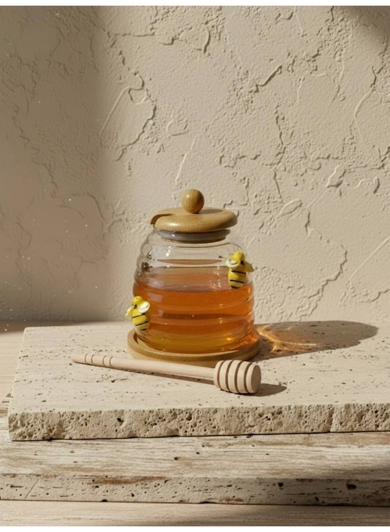 Glass Honey Jar with Wooden Lid and Honey Dipper – Stylish Design with Bee Illustration – Easy Honey Serving - Image 1