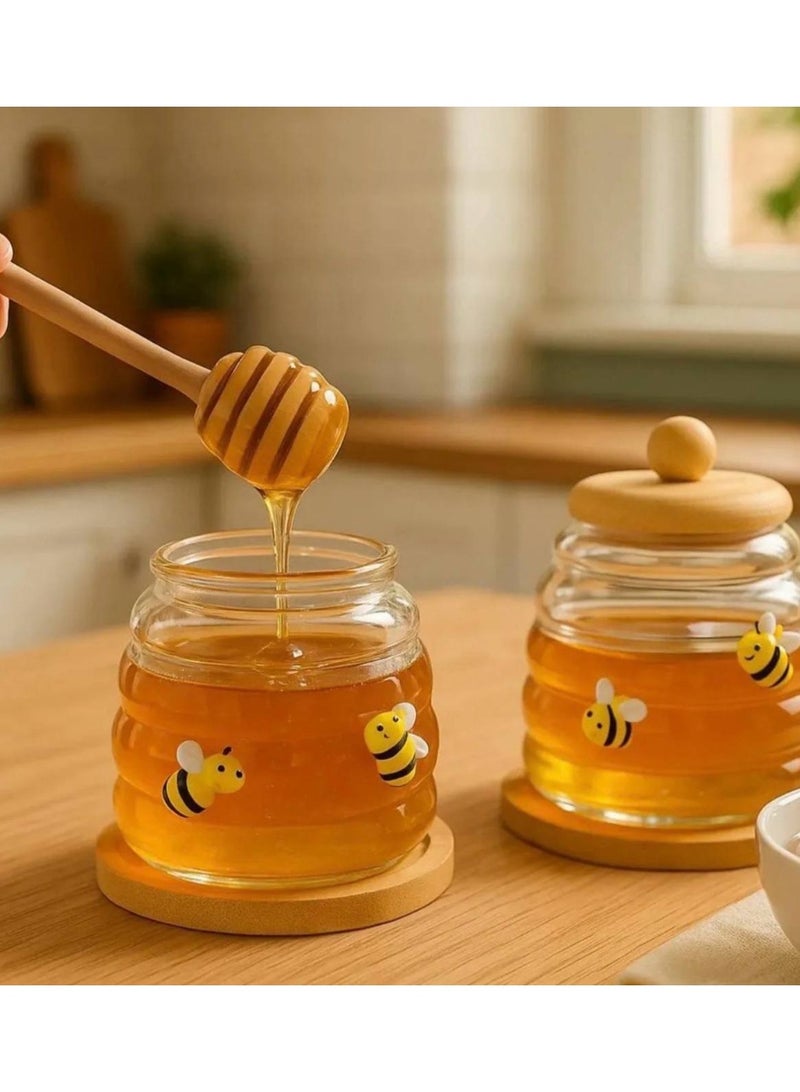 Glass Honey Jar with Wooden Lid and Honey Dipper – Stylish Design with Bee Illustration – Easy Honey Serving - Image 4