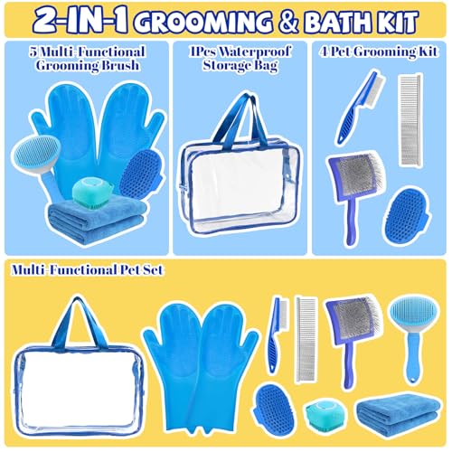 Grnheat 8PCS Dog Slicker Brush for Dogs Grooming KitBath Grooming Kit for PetsHair Brush Set with TowelWashing GlovesSlicker Comband Shampoo Scrubber Brush for Small and Large Dogs and CatsBlue - Image 3