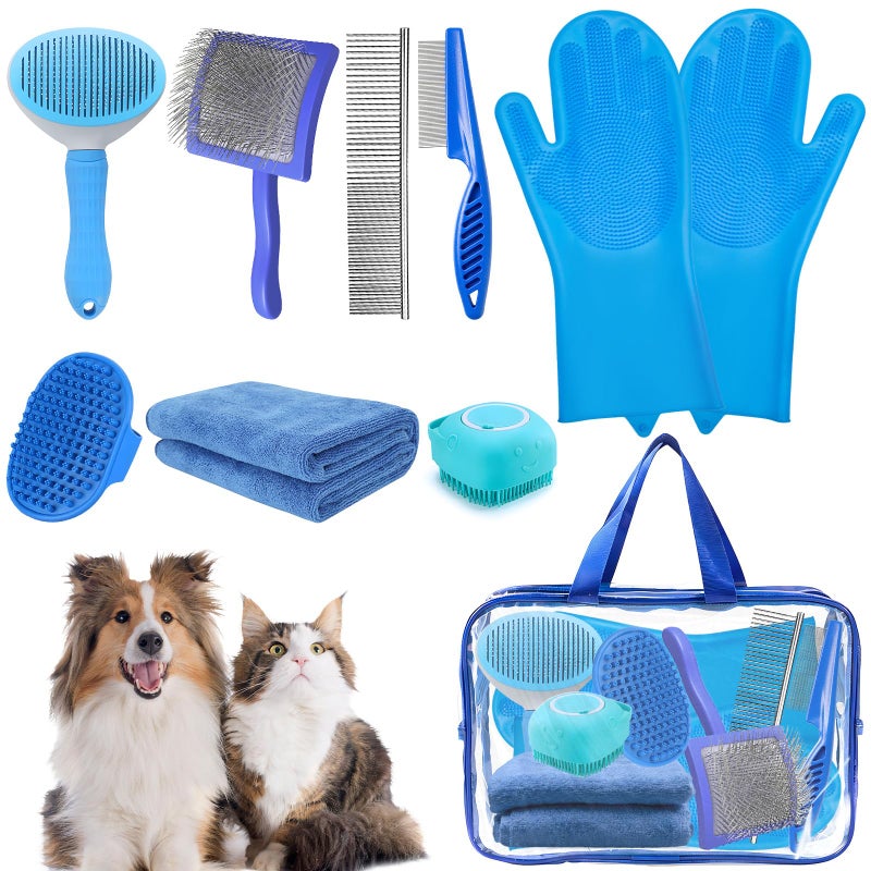 Grnheat 8PCS Dog Slicker Brush for Dogs Grooming KitBath Grooming Kit for PetsHair Brush Set with TowelWashing GlovesSlicker Comband Shampoo Scrubber Brush for Small and Large Dogs and CatsBlue - Image 2
