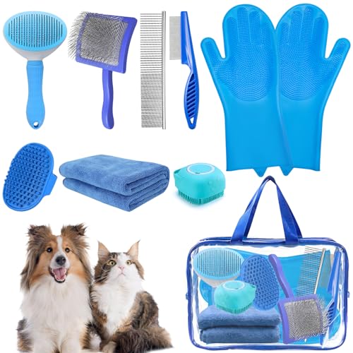 Grnheat 8PCS Dog Slicker Brush for Dogs Grooming KitBath Grooming Kit for PetsHair Brush Set with TowelWashing GlovesSlicker Comband Shampoo Scrubber Brush for Small and Large Dogs and CatsBlue - Image 1