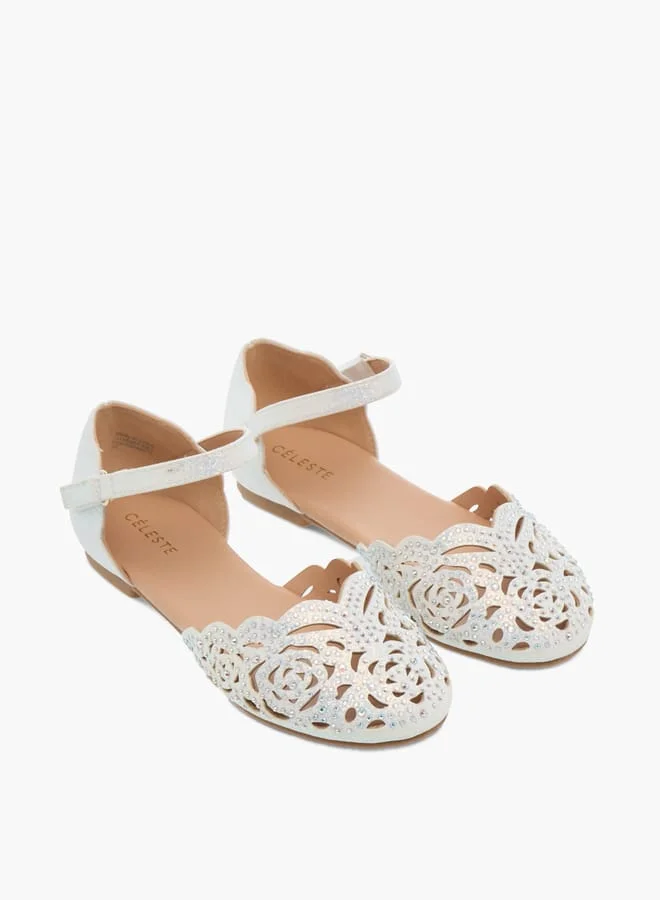 Celeste Girls Embellished Ballerinas With Hook And Loop Closure