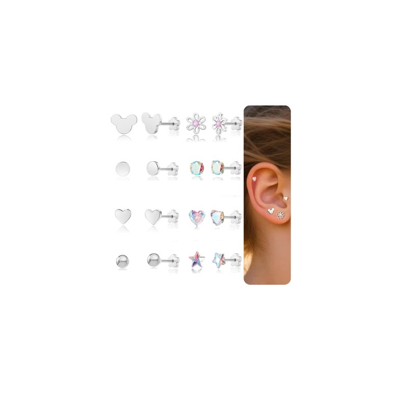 DAILI Hypoallergenic Earrings for Girls Women, Silver Toddler Screw Back Earrings for Sensitive Ears Kids Titanium Flat Back Earrings Cute Flower Heart Star Ball Dot Mouse Cartilage Helix Stud Earring Sets - Image 1