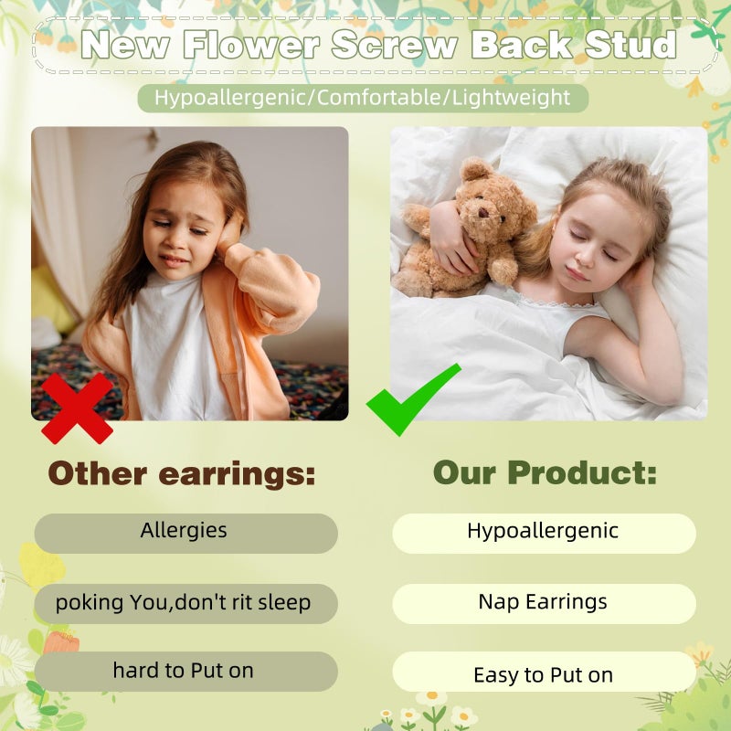 DAILI Hypoallergenic Earrings for Girls Women, Silver Toddler Screw Back Earrings for Sensitive Ears Kids Titanium Flat Back Earrings Cute Flower Heart Star Ball Dot Mouse Cartilage Helix Stud Earring Sets - Image 4