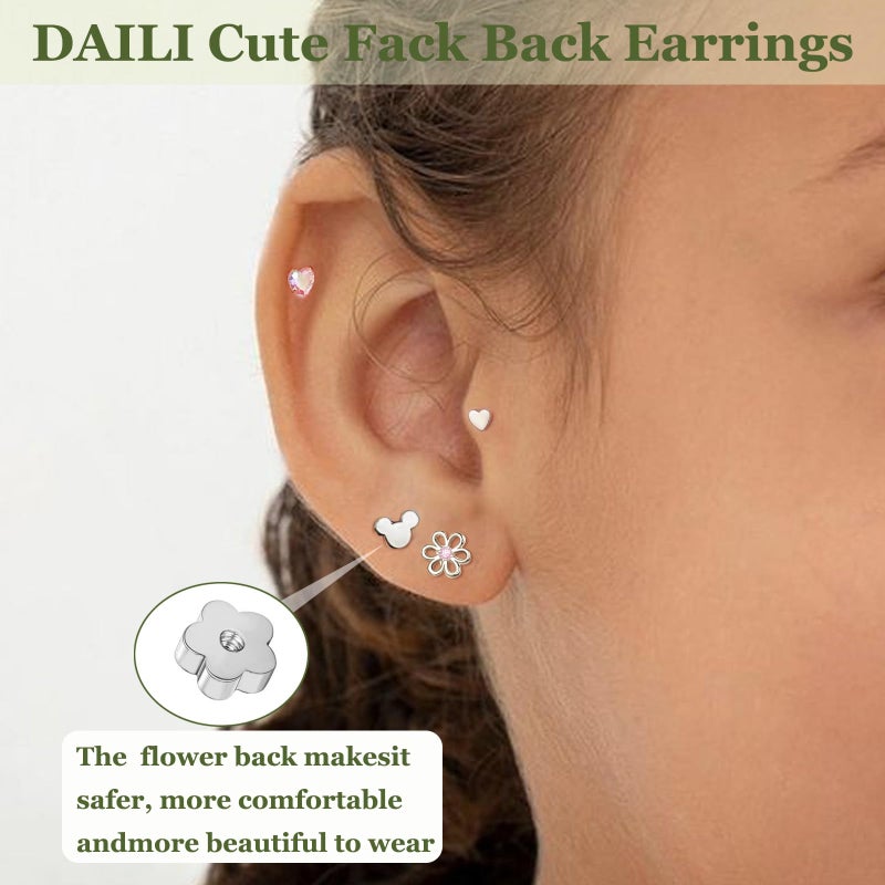 DAILI Hypoallergenic Earrings for Girls Women, Silver Toddler Screw Back Earrings for Sensitive Ears Kids Titanium Flat Back Earrings Cute Flower Heart Star Ball Dot Mouse Cartilage Helix Stud Earring Sets - Image 3