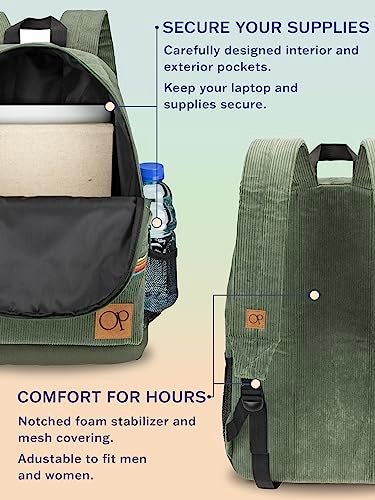 Ocean Pacific OG Corduroy Backpack for Travel, Sports, Beach, Work, Casual Daypack for Men Women Fits 15.6 Inch Laptop (Olive) - Image 5