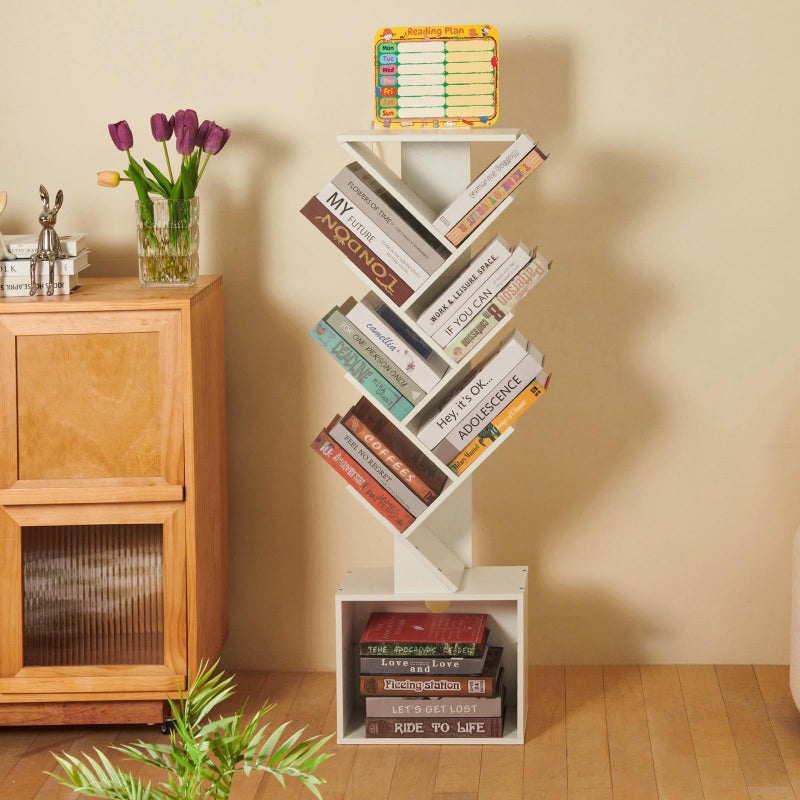 FredCache 7 Tier Tree Book shelf, Small Bookcase with Reading Planner and Activity Panel, Modern Floor Standing Corner Tall Narrow Storage Cabinet Bookshelves for Home Office Bedroom Living Room (White) - Image 1