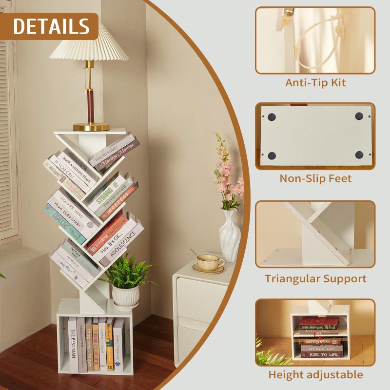 FredCache 7 Tier Tree Book shelf, Small Bookcase with Reading Planner and Activity Panel, Modern Floor Standing Corner Tall Narrow Storage Cabinet Bookshelves for Home Office Bedroom Living Room (White) - Image 5