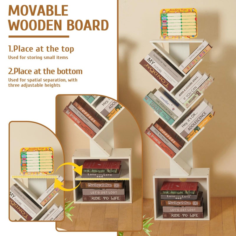 FredCache 7 Tier Tree Book shelf, Small Bookcase with Reading Planner and Activity Panel, Modern Floor Standing Corner Tall Narrow Storage Cabinet Bookshelves for Home Office Bedroom Living Room (White) - Image 2