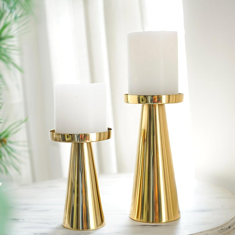 BEHOMA Behoma Handcrafted Solid Large Metal Pillar Candle Holders Table Centerpieces Coffee Tables or Fireplace Mantels Candles Stand for Diwali Home Decor Gift Valentines Day Colour Golden Set of 2 