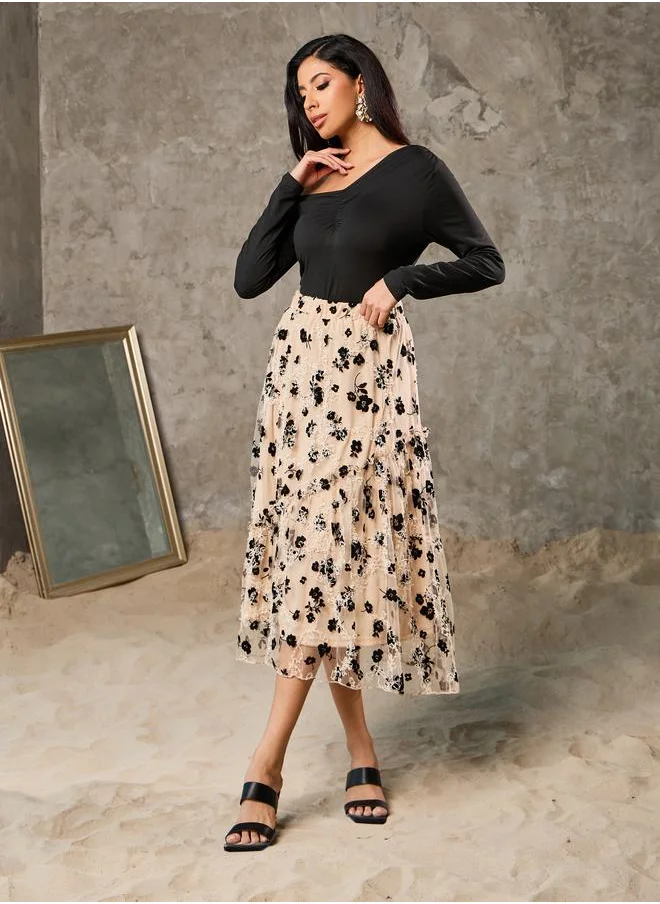 ستايلي Floral Embroidered Mesh Detail A-Line Midi Skirt