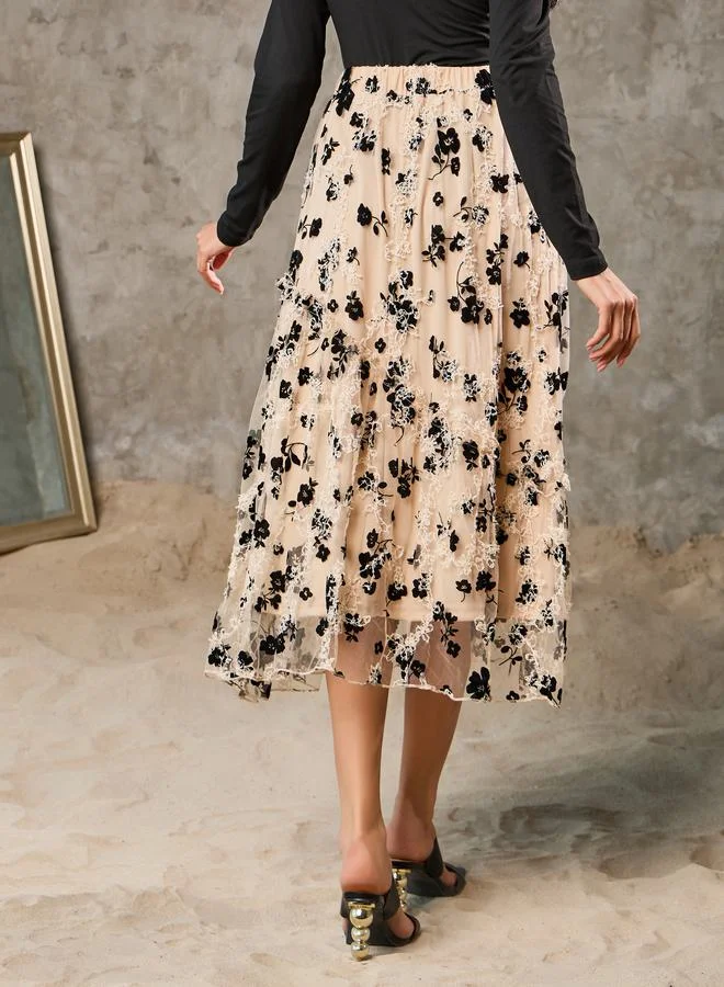 Styli Floral Embroidered Mesh Detail A-Line Midi Skirt