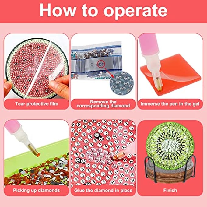 ريحني 8 قطع من لوحات الماس، مجموعات قواعد أكواب فنية ماسية متعددة الاستخدامات مع حامل دائري للفاكهة، حفر كامل 5D، كوب فني DIY، حماية سطح الطاولة للمبتدئين، لوازم الحرف اليدوية، هدية - Image 4