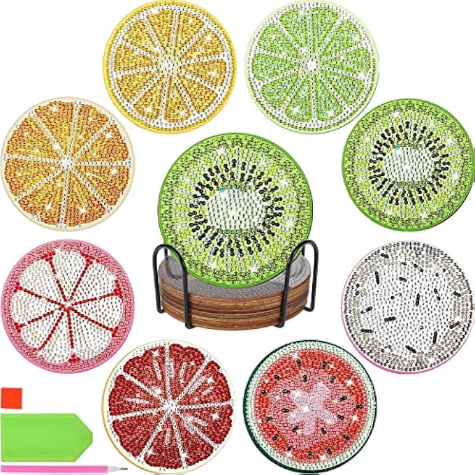 ريحني 8 قطع من لوحات الماس، مجموعات قواعد أكواب فنية ماسية متعددة الاستخدامات مع حامل دائري للفاكهة، حفر كامل 5D، كوب فني DIY، حماية سطح الطاولة للمبتدئين، لوازم الحرف اليدوية، هدية - Image 2