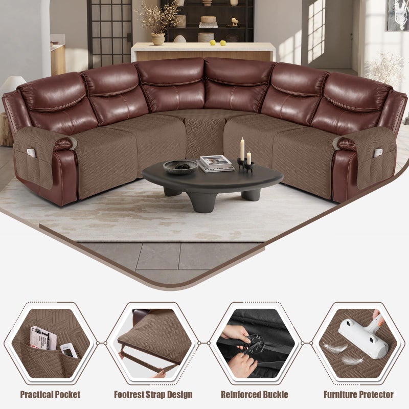 KinCam Waterproof Sectional Couch Covers  Oversized Recliner Sofa Covers for Reclining L Shape Couch  Non Slip Couch Cover for Sectional Sofa Washable Slipcover (5 Seat Recliner Cover  Brown) - Image 2