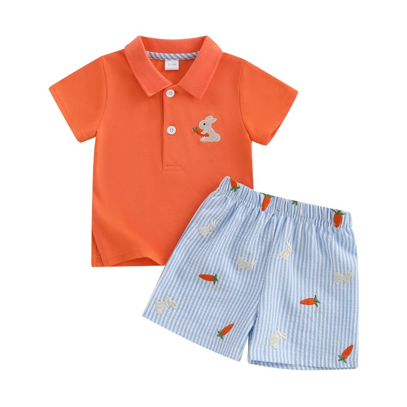 LAGKIYOJ Baby Boys Easter Outfits Bunny Embroidery T-Shirt+Elastic Carrot Stripe Shorts My First Easter Baby Boy Outfit (Orange Carrot bunny, 18-24 Months) - Image 1