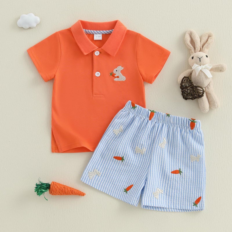 LAGKIYOJ Baby Boys Easter Outfits Bunny Embroidery T-Shirt+Elastic Carrot Stripe Shorts My First Easter Baby Boy Outfit (Orange Carrot bunny, 18-24 Months) - Image 2