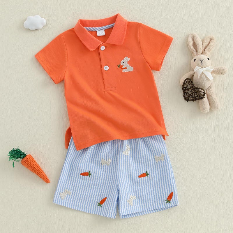 LAGKIYOJ Baby Boys Easter Outfits Bunny Embroidery T-Shirt+Elastic Carrot Stripe Shorts My First Easter Baby Boy Outfit (Orange Carrot bunny, 18-24 Months) - Image 3