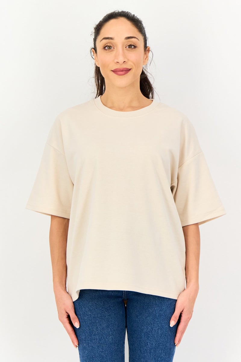 Core Elements Women Crew Neck Plain Short Sleeve T-Shirt, Beige - Image 1