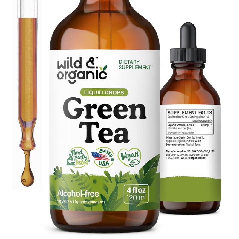 Wild & Organic Wild Organic Green Tea Extract Liquid Drops AntioxidantRich Green Tea Supplement 2Month Supply Vegan Sugar AlcoholFree Camellia Sinensis Tincture 4 fl oz 
