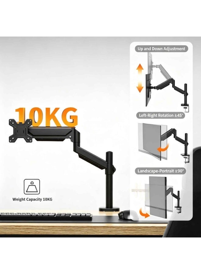 Single Monitor Mount,Heavy Duty Pneumatic Arm Single Under-Surface Monitor Mount Tension Stand,for 13 to 32 inch Screens,Adjustable Stand,With Full-motion Adjustment,for Work and Gaming,Holds 22 lbs,Black - Image 2