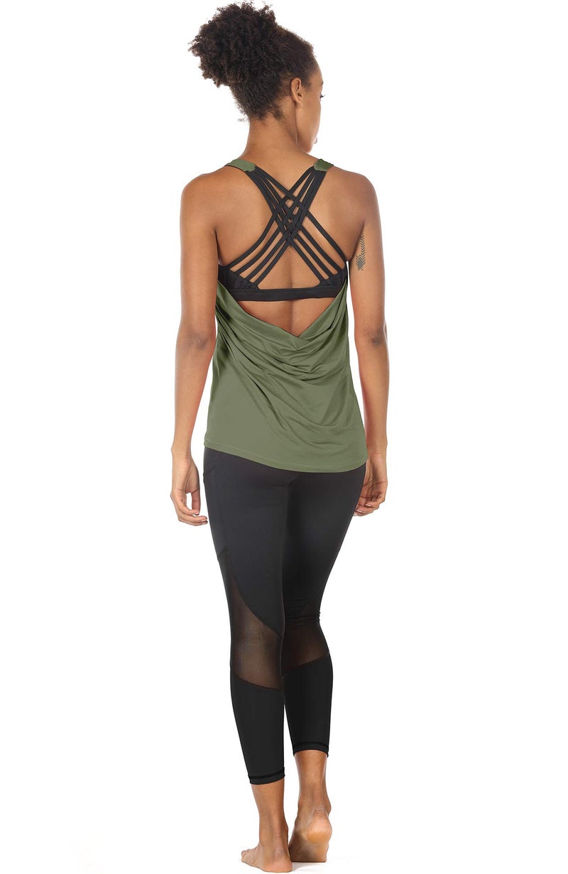 icyzone Yoga Tops Workouts Clothes Activewear Built in Bra Tank Tops for Women (M, Olive) - Image 4
