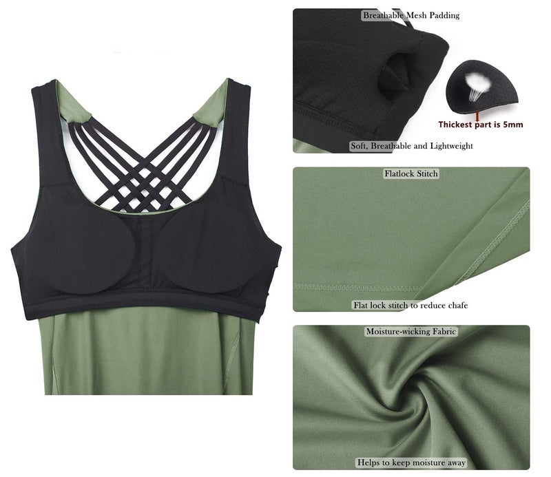 icyzone Yoga Tops Workouts Clothes Activewear Built in Bra Tank Tops for Women (M, Olive) - Image 5