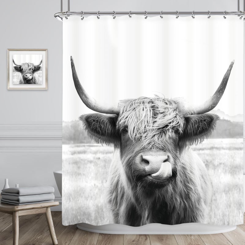 Riyidecor Farmouse Highland Cow Shower Curtain 60Wx72H Inch Western Wildlife Portrait Bull Animal Funny Country 12 Pack Plastic Hooks Kids Sketch Waterproof Fabric Modern Polyester Bathroom Decor - Image 1