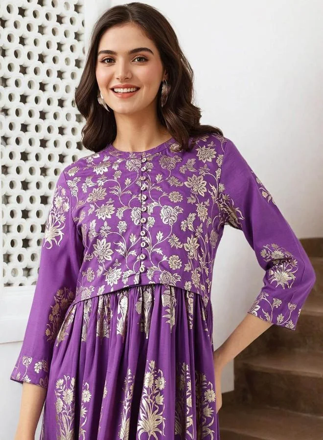 آي شين طقم كورتا نسائي بنفسجي مطرز بالكامل من البوليستر بنطلون بالازو مستقيم