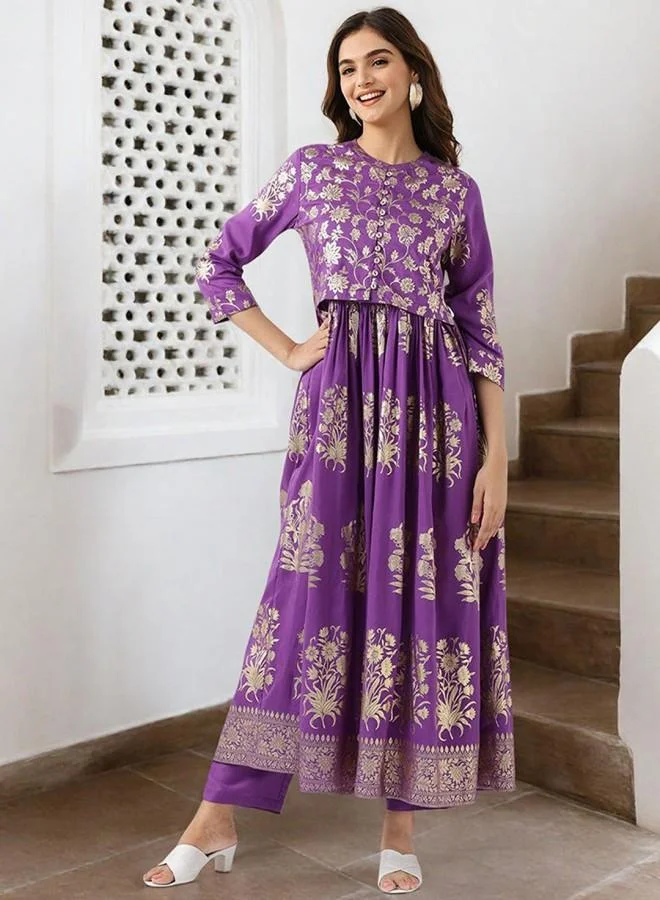 آي شين طقم كورتا نسائي بنفسجي مطرز بالكامل من البوليستر بنطلون بالازو مستقيم