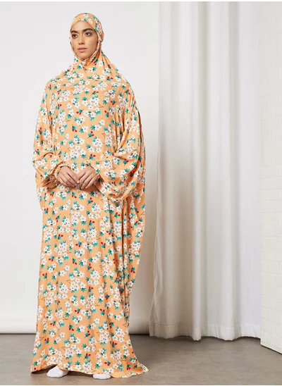 Hayat Praying Dress With Floral Prints And With Attached Veil