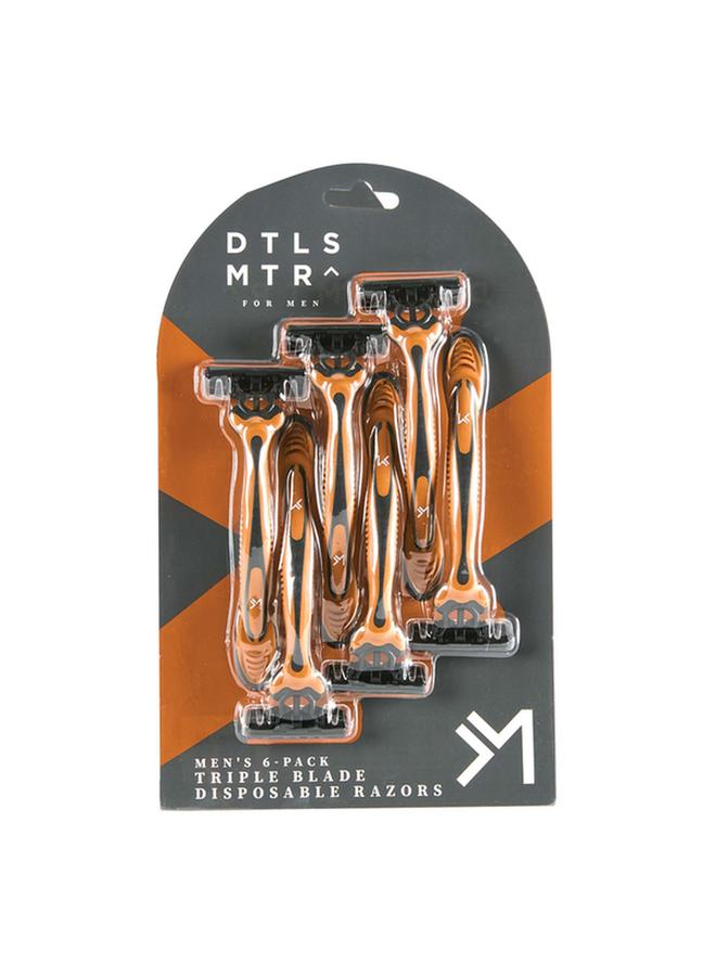 6-Piece Triple Blade Pivoting Head Disposable Razors Orange and Black 13007