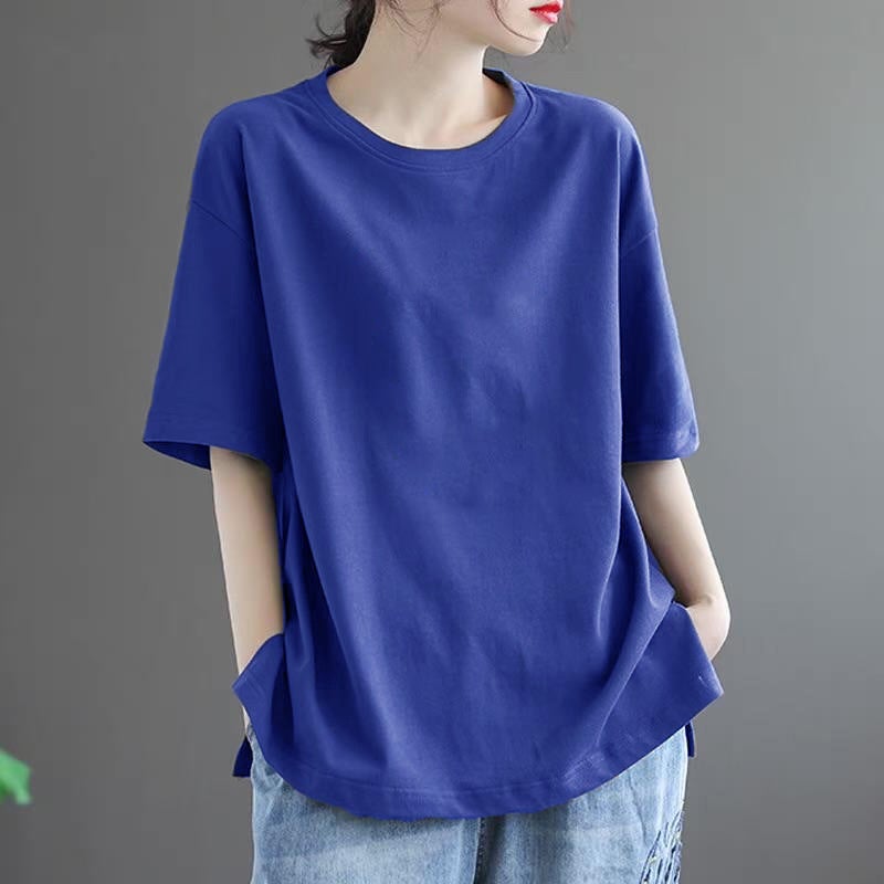 Solid Color Simple Short-Sleeve Summer Casual Artistic Retro T-Shirt Plus Size Loose Slimming Versatile Base Top Blue - Image 1