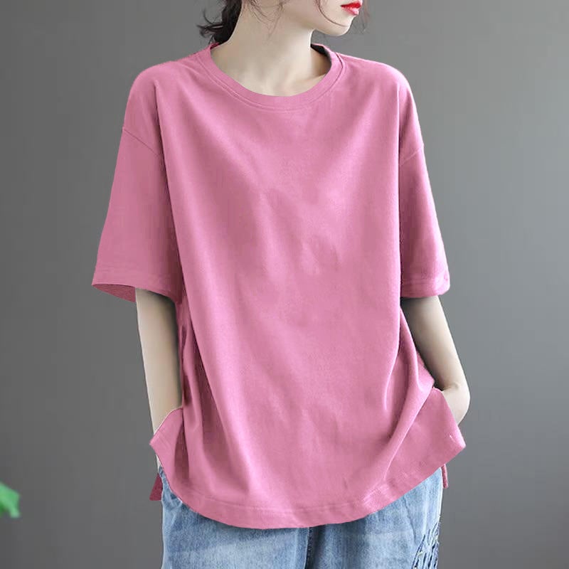 Solid Color Simple Short-Sleeve Summer Casual Artistic Retro T-Shirt Plus Size Loose Slimming Versatile Base Top Blue - Image 3