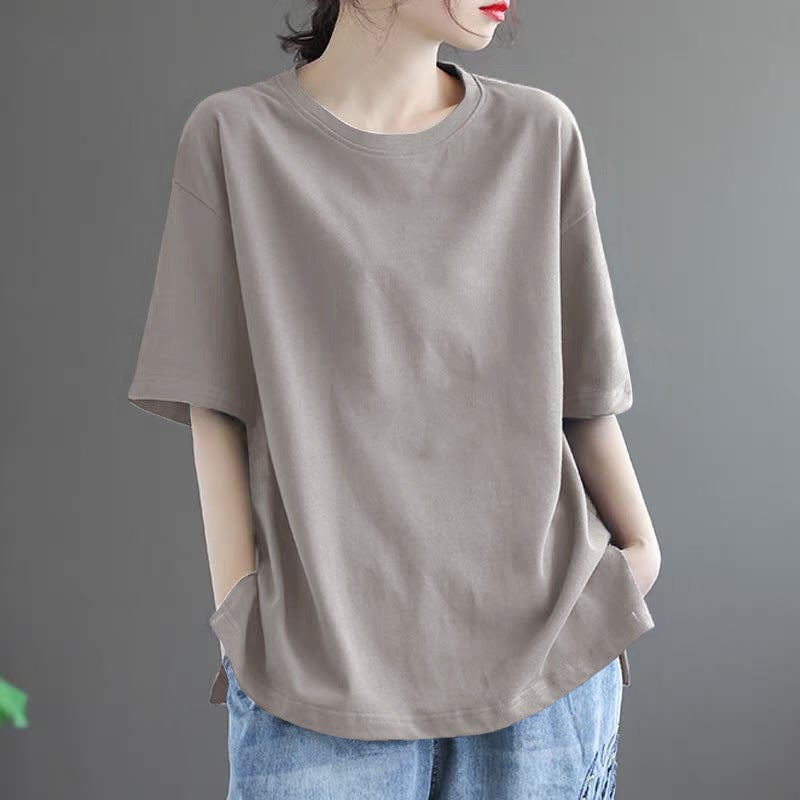 Solid Color Simple Short-Sleeve Summer Casual Artistic Retro T-Shirt Plus Size Loose Slimming Versatile Base Top Blue - Image 2