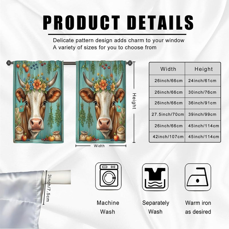 Cow Kitchen Curtains, Farmhouse Rustic Flowers Fruits Fall Turquoise Kitchen Drapes for Windows Window Decoration for Sink Area Dining Room Bathroom 26x45 Inch - Image 3