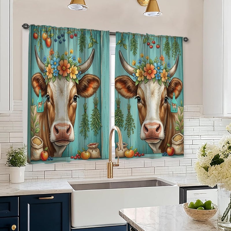 Cow Kitchen Curtains, Farmhouse Rustic Flowers Fruits Fall Turquoise Kitchen Drapes for Windows Window Decoration for Sink Area Dining Room Bathroom 26x45 Inch - Image 1