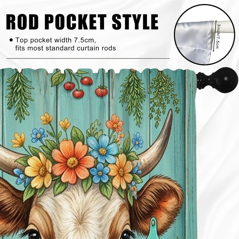 Cow Kitchen Curtains, Farmhouse Rustic Flowers Fruits Fall Turquoise Kitchen Drapes for Windows Window Decoration for Sink Area Dining Room Bathroom 26x45 Inch - Image 5