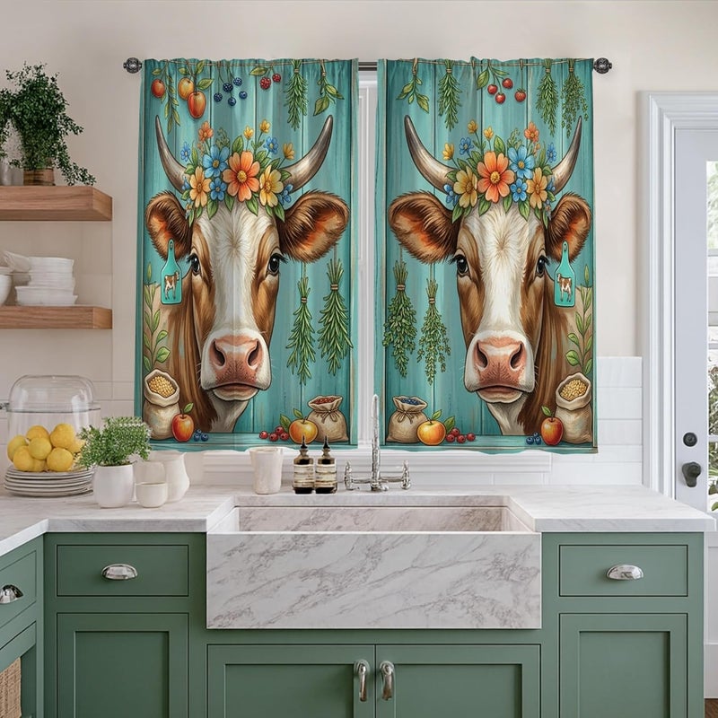 Cow Kitchen Curtains, Farmhouse Rustic Flowers Fruits Fall Turquoise Kitchen Drapes for Windows Window Decoration for Sink Area Dining Room Bathroom 26x45 Inch - Image 4