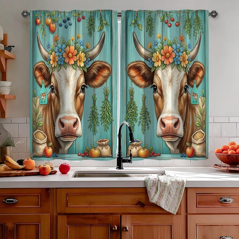 Cow Kitchen Curtains, Farmhouse Rustic Flowers Fruits Fall Turquoise Kitchen Drapes for Windows Window Decoration for Sink Area Dining Room Bathroom 26x45 Inch - Image 2