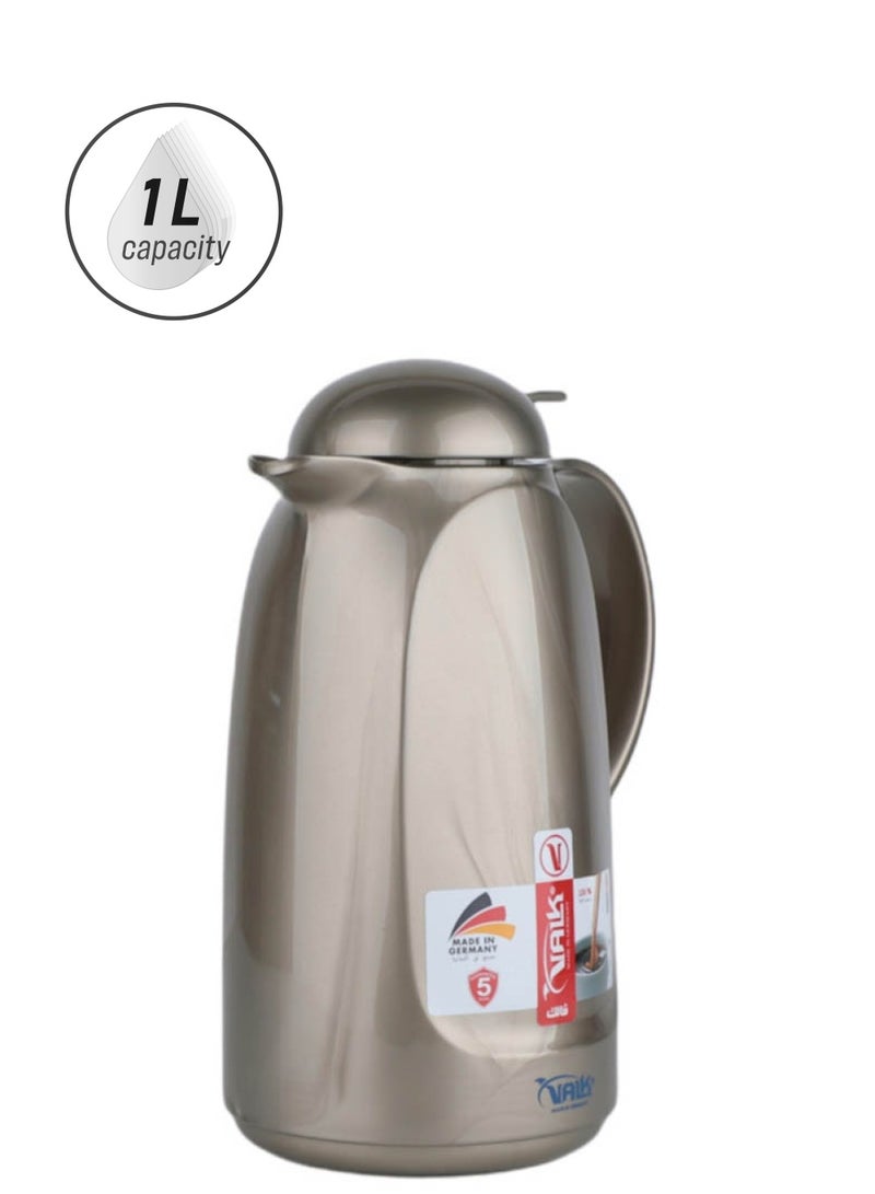Valk Valk-3 Vacuum Thermose With Push Cover Double Wall Glass With Push Cover 1.0 Liter  Wide Mouth With Anti-Leakage Cap Double Walled  Light Metallic Brown Color - Image 1