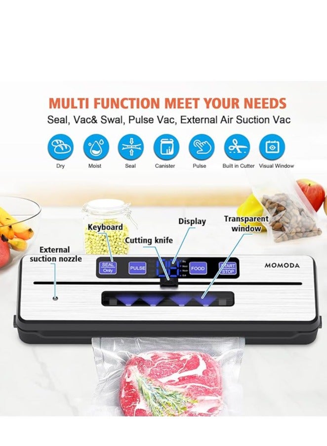 الآلة المفرغة للهواء مع سلكي تسخين مزدوج، نافذة عرض LED، مقطعة مدمجة، وضعي الرطوبة والجفاف، تصميم مدمج، تشمل 5 أكياس تفريغ هواء، مثالية لحفظ الطعام وطهي السو فيد. - Image 2