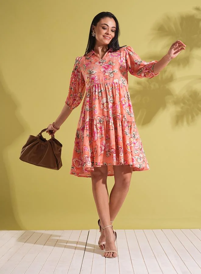 globus Globus Coral Floral Print Fusion Knee Length Dress