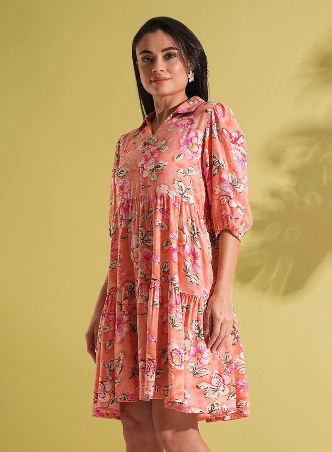 globus Globus Coral Floral Print Fusion Knee Length Dress