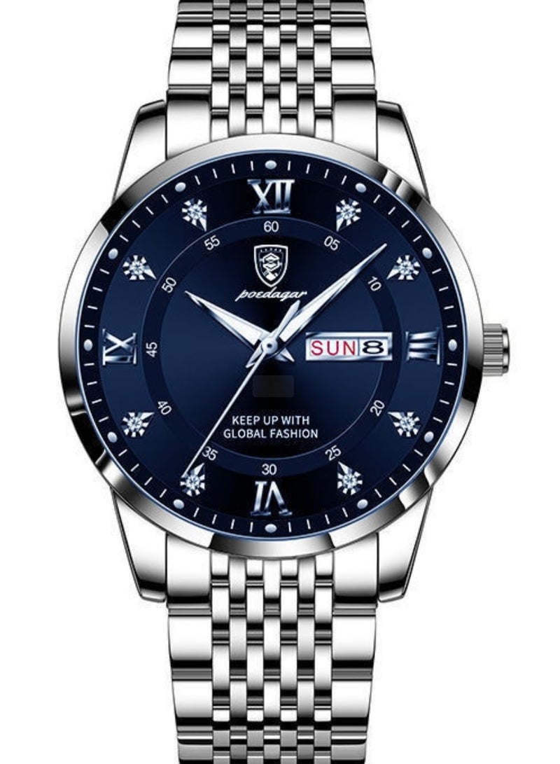 پوداجار ساعة رجالية من الفولاذ المقاوم للصدأ، ساعات كوارتز للأعمال مقاومة للماء، مضيئة، تاريخ الأسبوع، ساعة يد رجالية - 42 ملم - Image 2