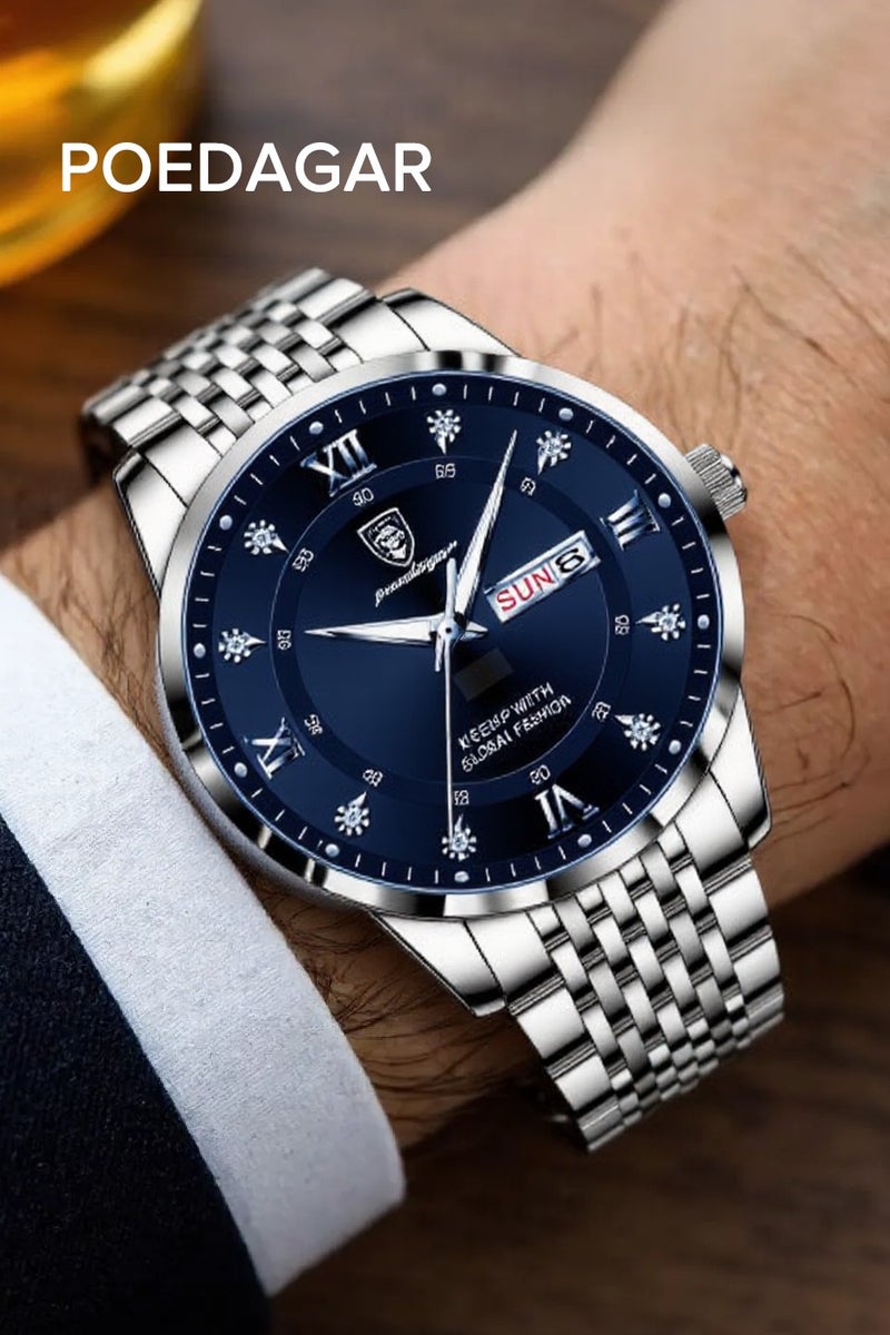 پوداجار ساعة رجالية من الفولاذ المقاوم للصدأ، ساعات كوارتز للأعمال مقاومة للماء، مضيئة، تاريخ الأسبوع، ساعة يد رجالية - 42 ملم - Image 1