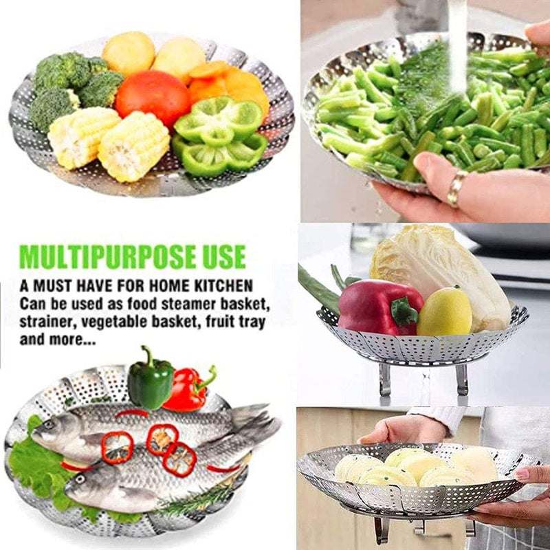Vegetable Steamer Basket,Steamer Basket Stainless Steel, Folding Steamer Insert for Veggie Fish Seafood Cooking, Expandable to Fit Various Size Pot (5.1" to 9") - Image 2