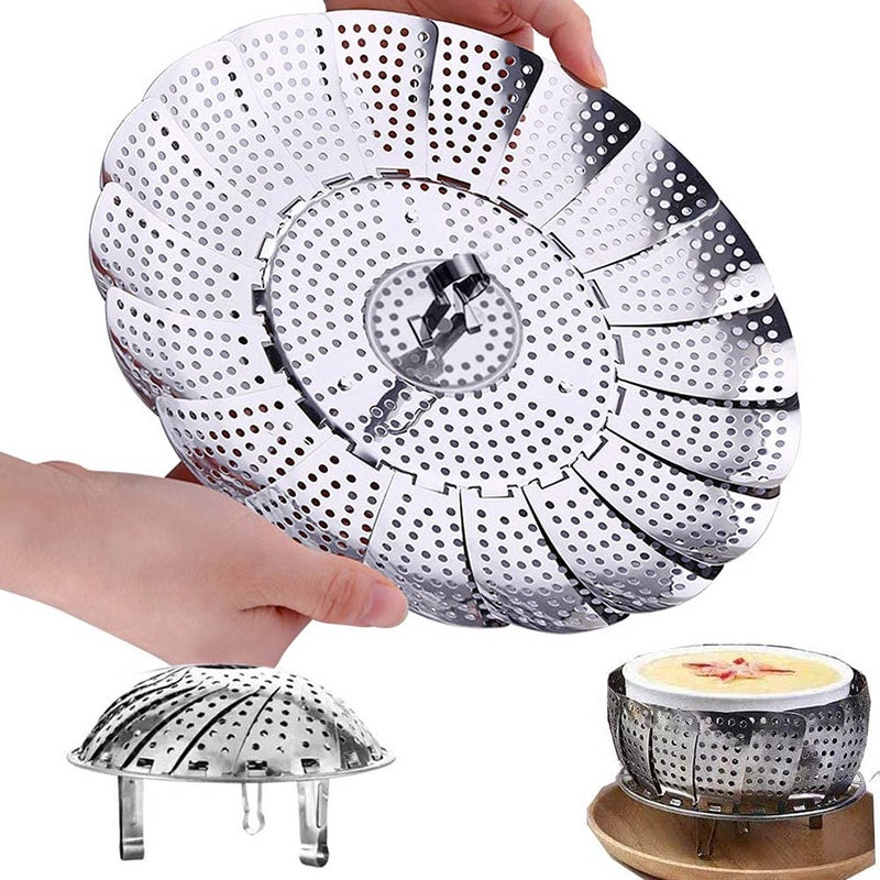 Vegetable Steamer Basket,Steamer Basket Stainless Steel, Folding Steamer Insert for Veggie Fish Seafood Cooking, Expandable to Fit Various Size Pot (5.1" to 9") - Image 1