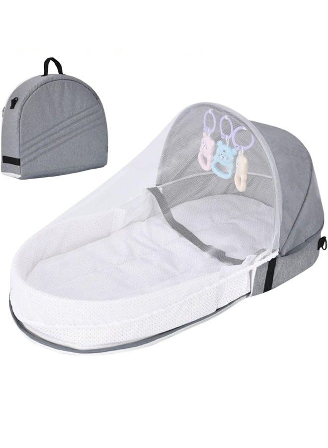 Beauenty Baby Travel Cot with Net and Awning Portable Baby Cot Changing Bag Foldable Baby Cot with Net Cuddly Nest Baby Cot Grey - Image 1