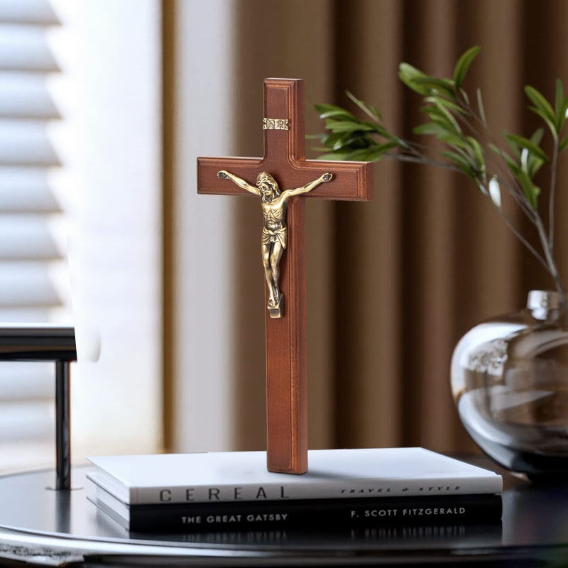 ARCHOBAN Crucifix Wall Cross Catholic, 12 Inch Wooden Cross with Jesus Christ for Home Decor - Brown + Antique Brass - Image 2
